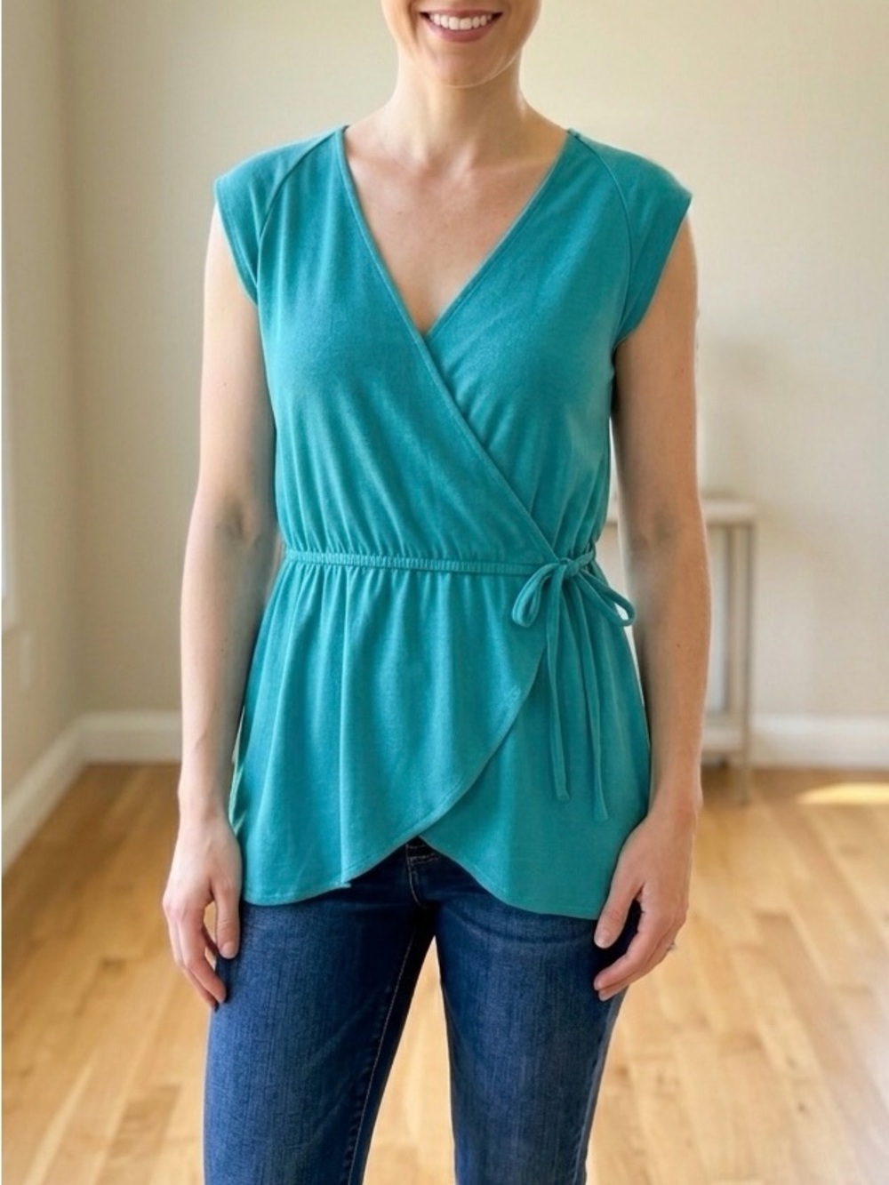 Vintage Stevi Brooks Teal Wrap Blouse Top S Sleeveless Elastic Waist Tunic EUC